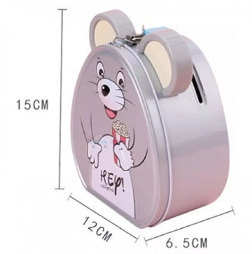 Cute Mouse Metal Money Box with Lock & Key – Cartoon Piggy Bank for Kids.