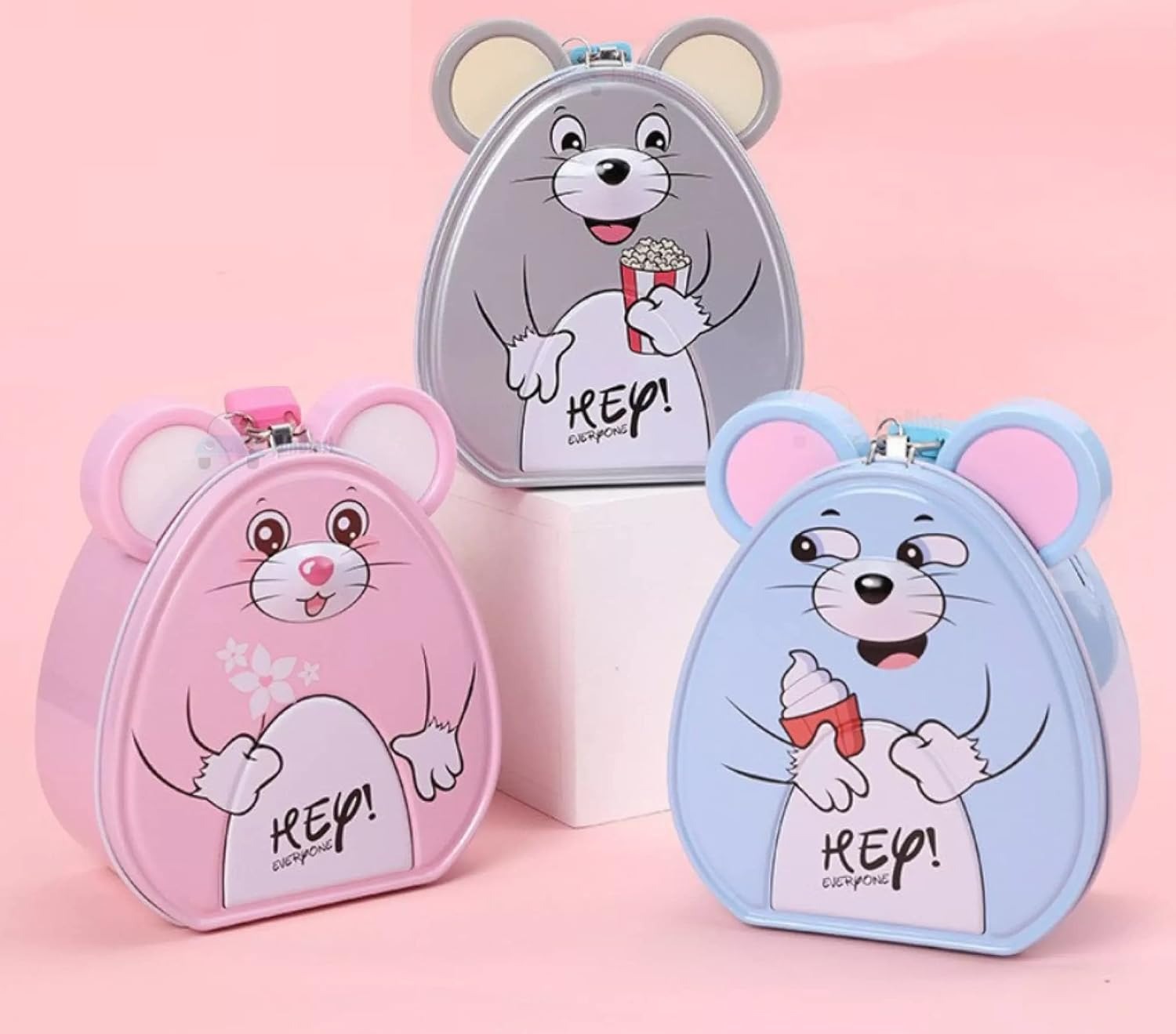 Cute Mouse Metal Money Box with Lock & Key – Cartoon Piggy Bank for Kids.