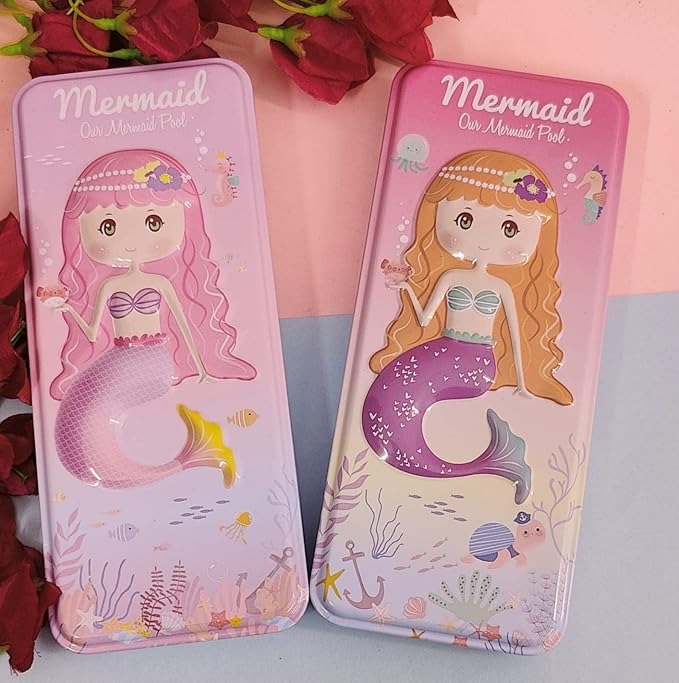 Mermaid Pencil Box for Kids – Cute Cartoon Metal Stationery Case (Pink & Purple Designs)