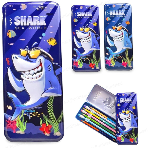 Shark Sea World Pencil Box for Kids – Cartoon Shark Metal Stationery Case