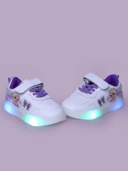 Kids PU LED Sneakers - White & Purple with Velcro Fastening