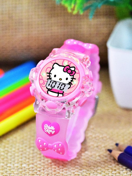 Girls Patterned Dial & Straps Digital Multi Function Watch Kitty Pink