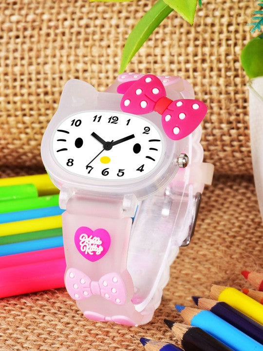 Kids Girls Printed LED Dial & Silicon Strap Analogue Watch - Light Pink Kitty