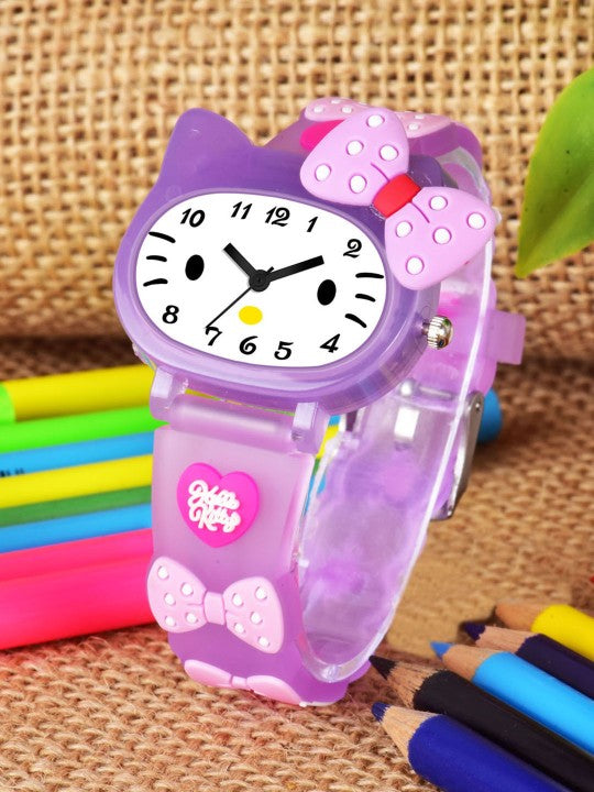 Girls Printed Dial & Purple Silicon Strap Analogue Watch - Kitty Purple