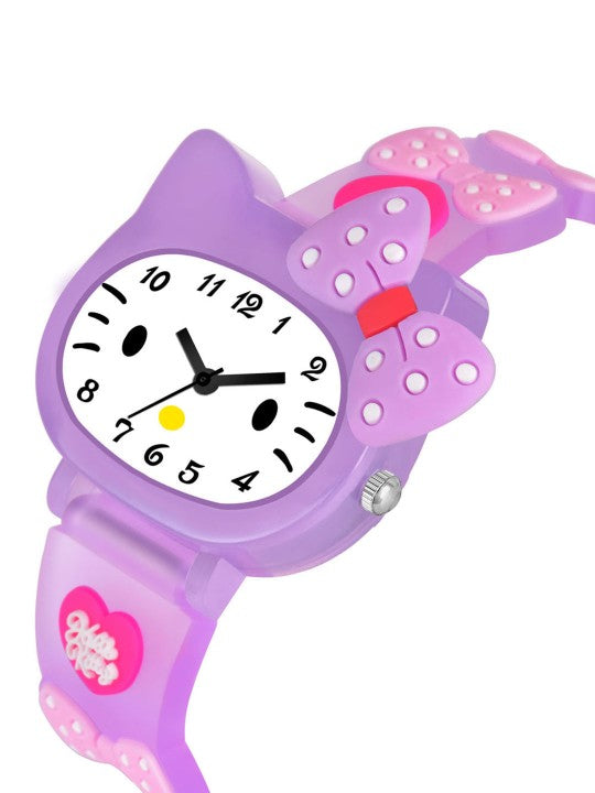 Girls Printed Dial & Purple Silicon Strap Analogue Watch - Kitty Purple